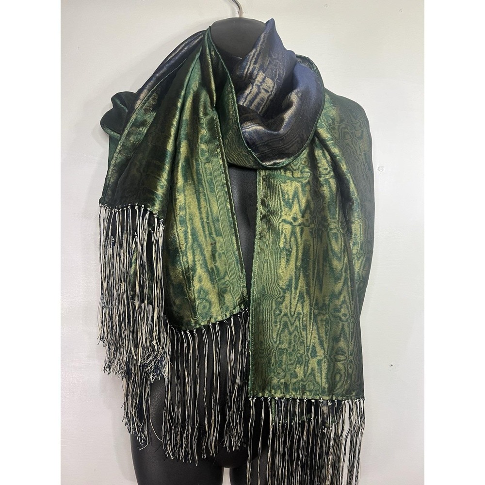Vtg Basile Italy Silk Blend Scarf Wrap Around Green Black Gold Holographic Chiq
